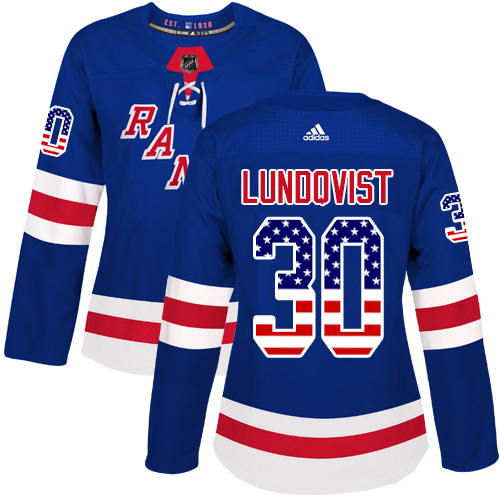 Adidas Rangers #30 Henrik Lundqvist Royal Blue Home Authentic USA Flag Women's Stitched NHL Jersey - Click Image to Close